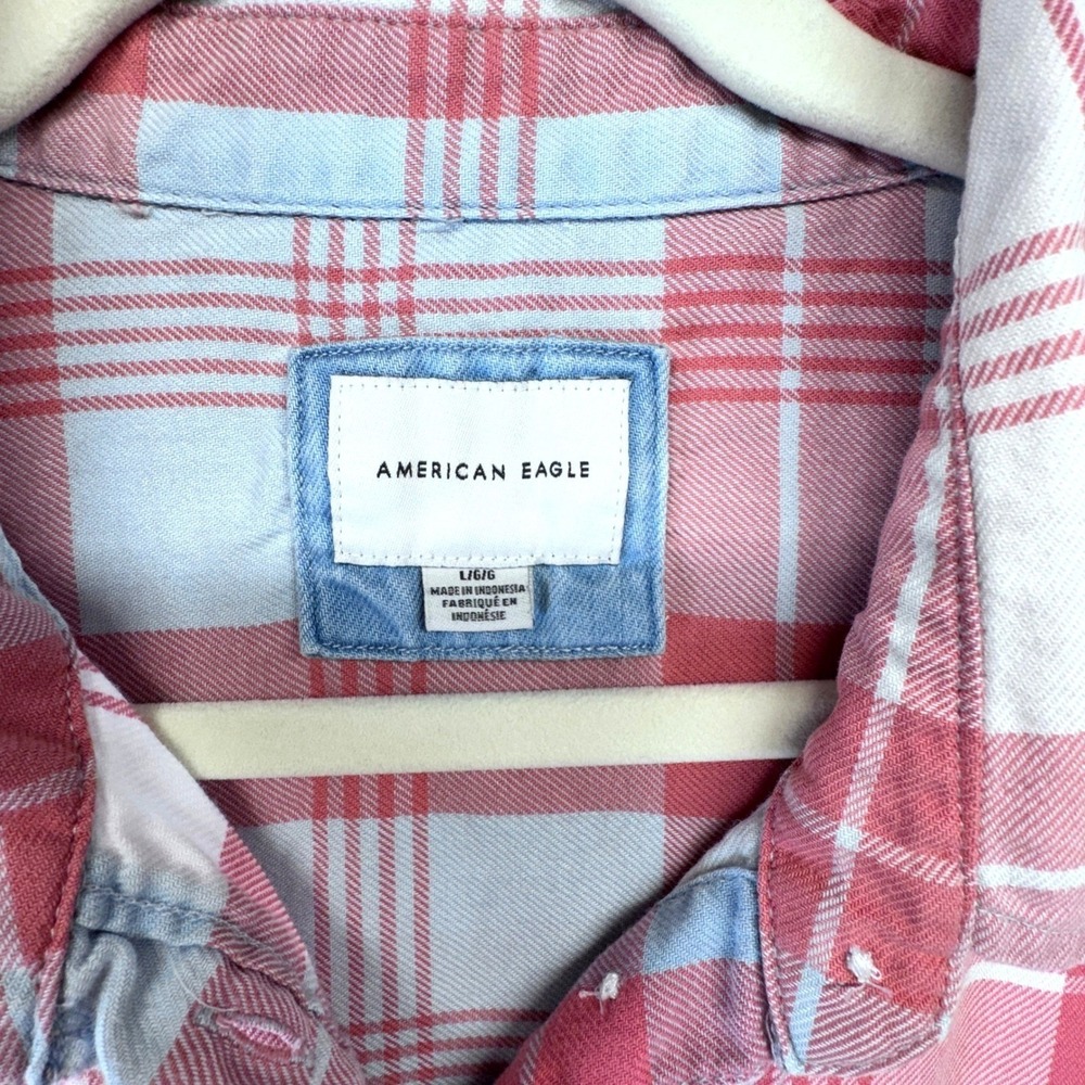 American Eagle Oversized Plaid Shirt Womens XL Pink Blue Cotton Button Down Fall - Picture 10 of 16